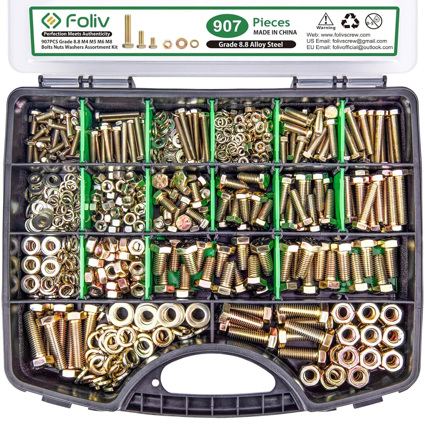 FOLIV 907pcs Grade 8.8 Metric Bolt Assortment for Heavy Duty