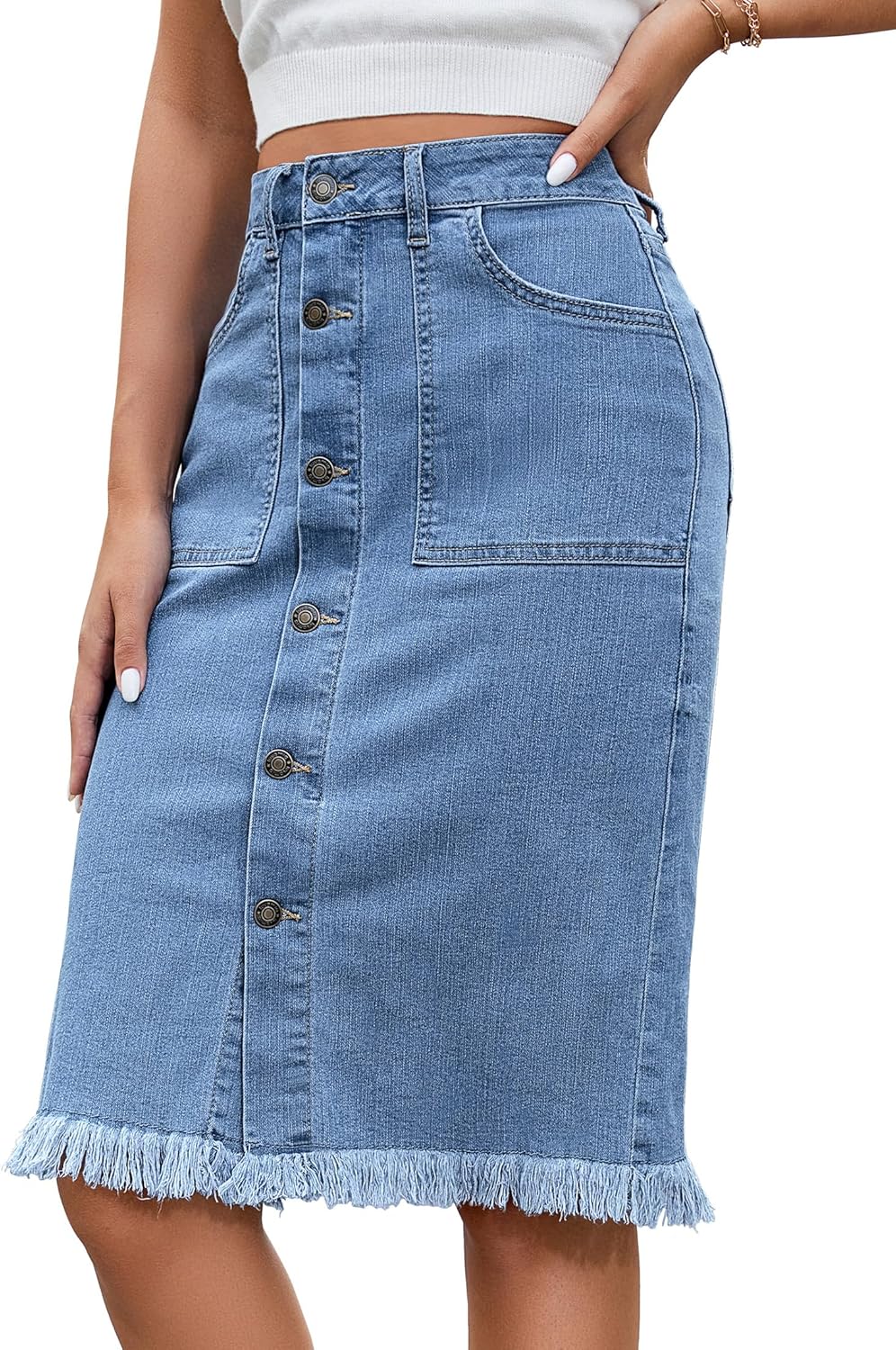 Luvamia Women's Casual Mid Rise Button Down Denim Jean Skirt