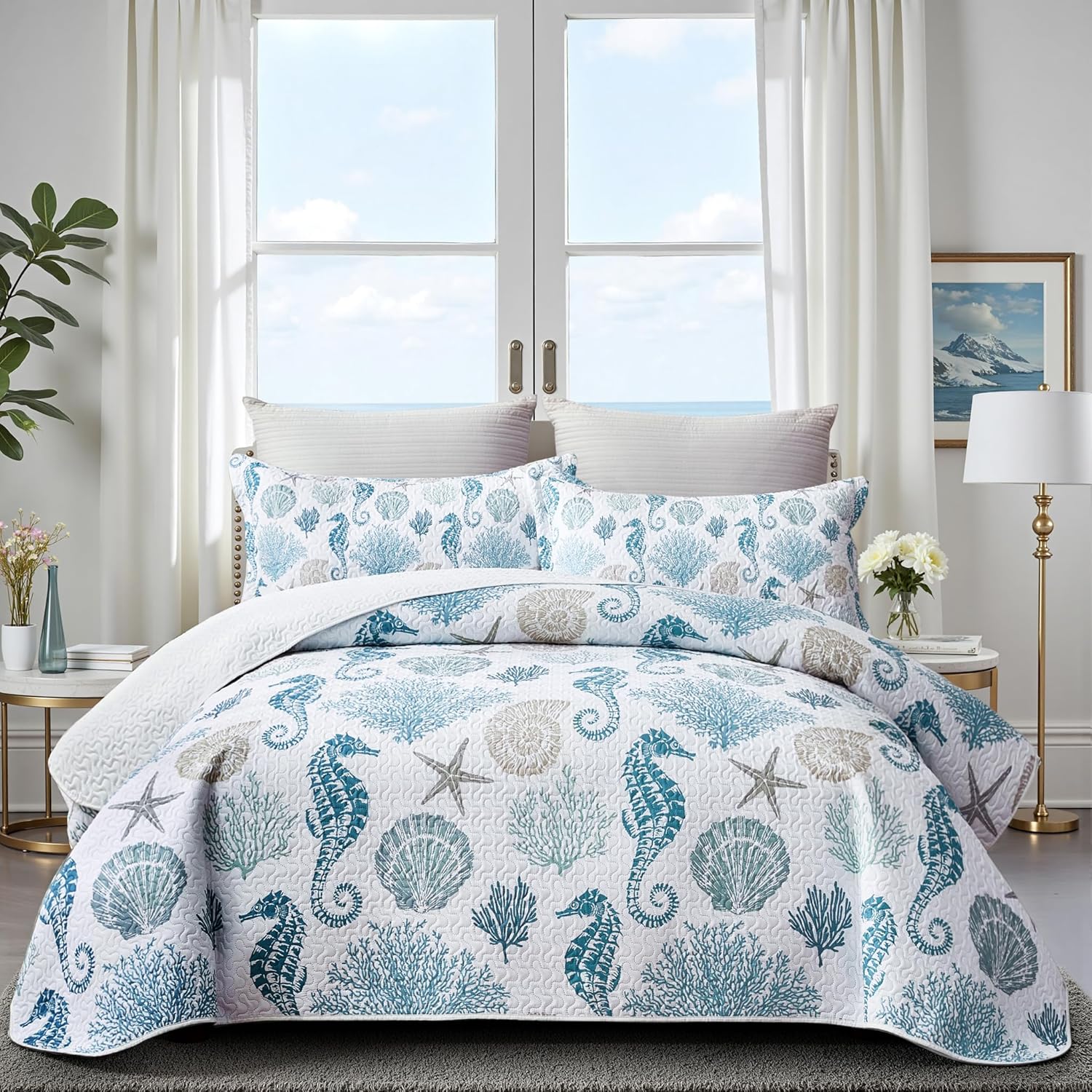 Coastal Bedding King Size Quilt Set with Nautical Beach Design