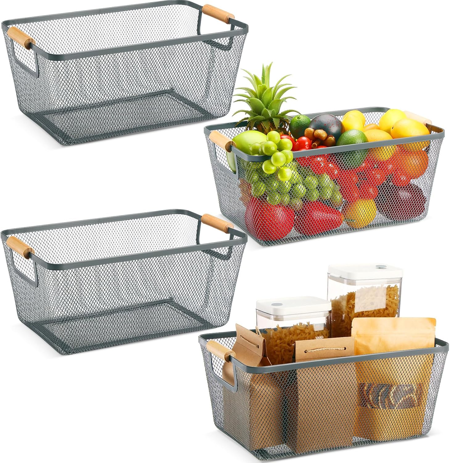 4 Pcs Metal Wire Basket with Wooden Handles for Home Organizing