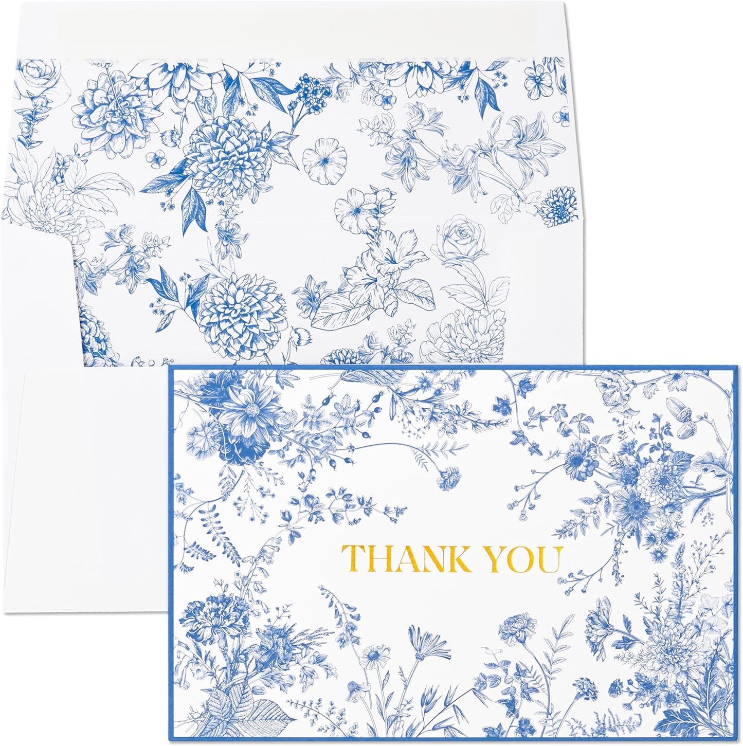 Blue Floral Thank You Cards with Gold Foil for All Occasions