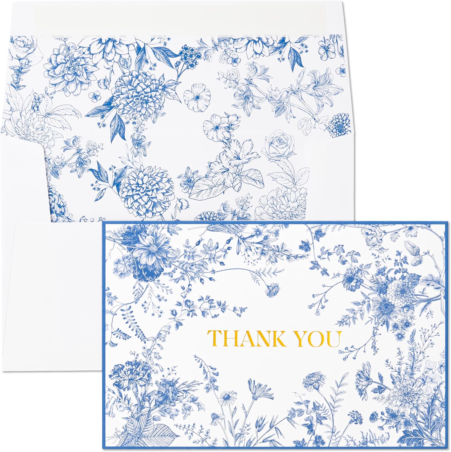 Blue Floral Thank You Cards with Gold Foil for All Occasions