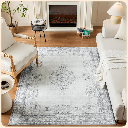 Istana 5x7 Area Rug - Stylish Grey/Gold Washable Living Room Rug