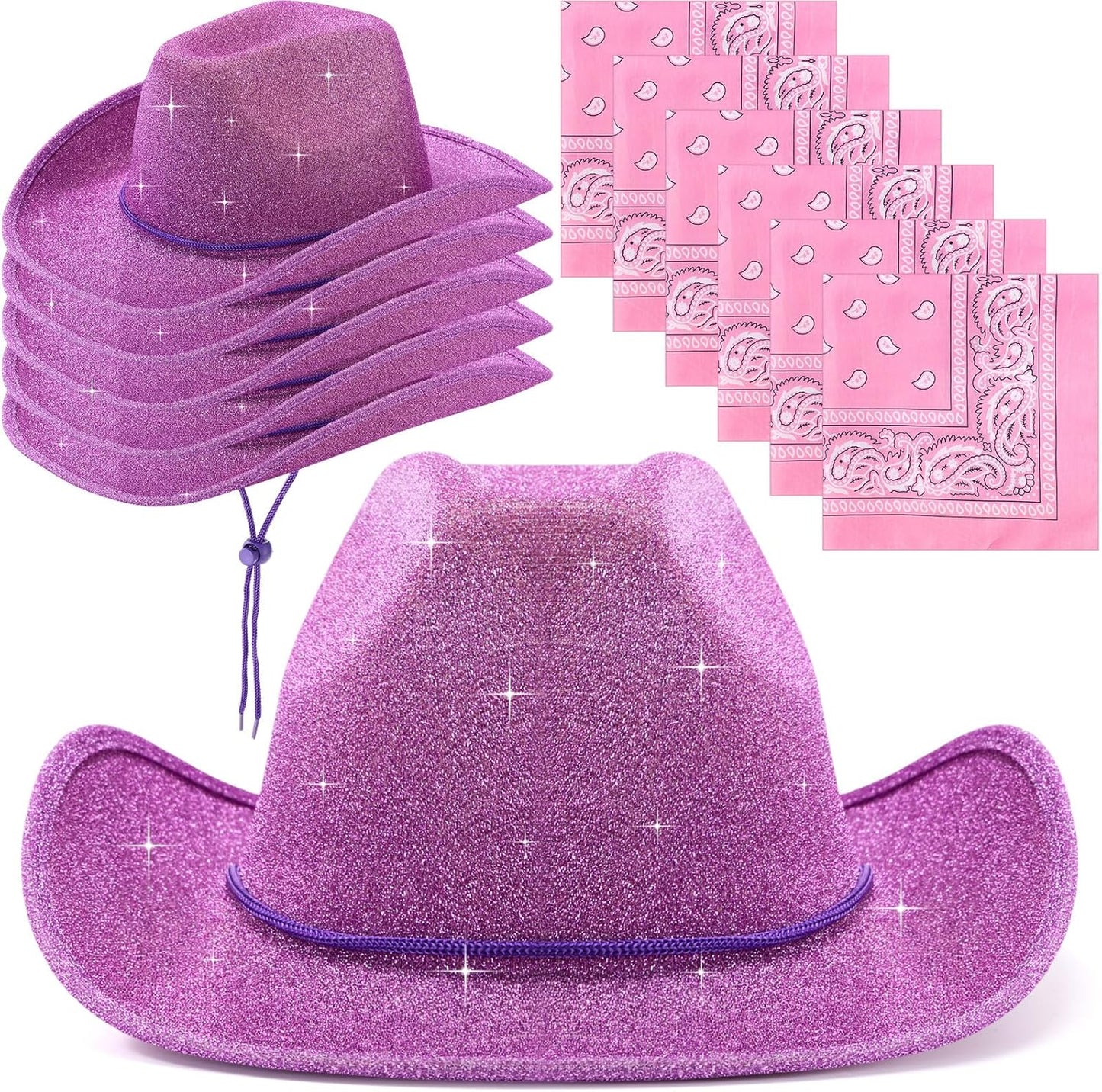12 Pcs Sparkly Cowboy Hats and Bandanas for Western Parties
