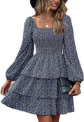 Long Sleeve Smocked Floral Swiss Dot Mini Dress (Style QJDL)
