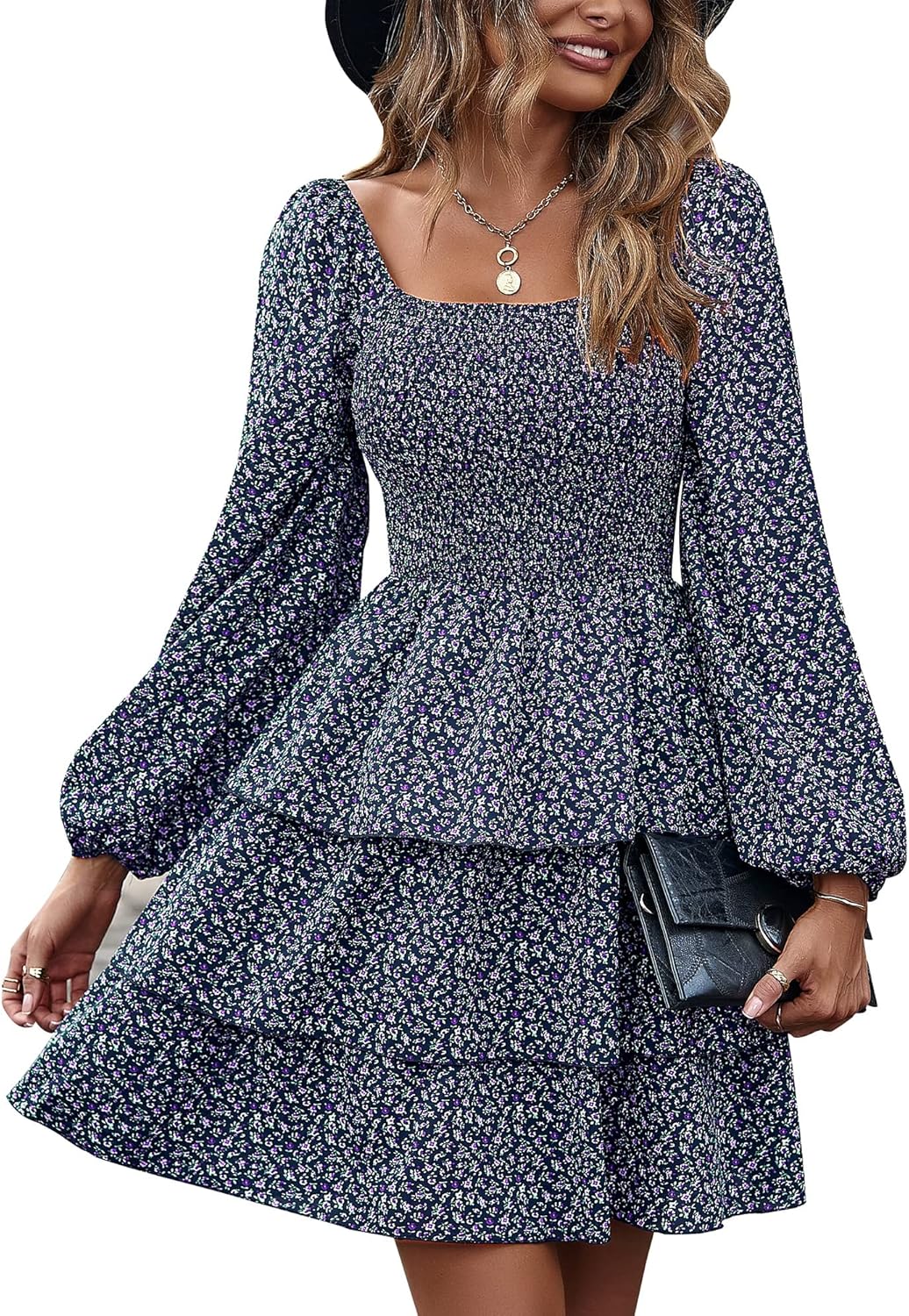 Womens Long Sleeve Dress with Square Neck and Floral Print
