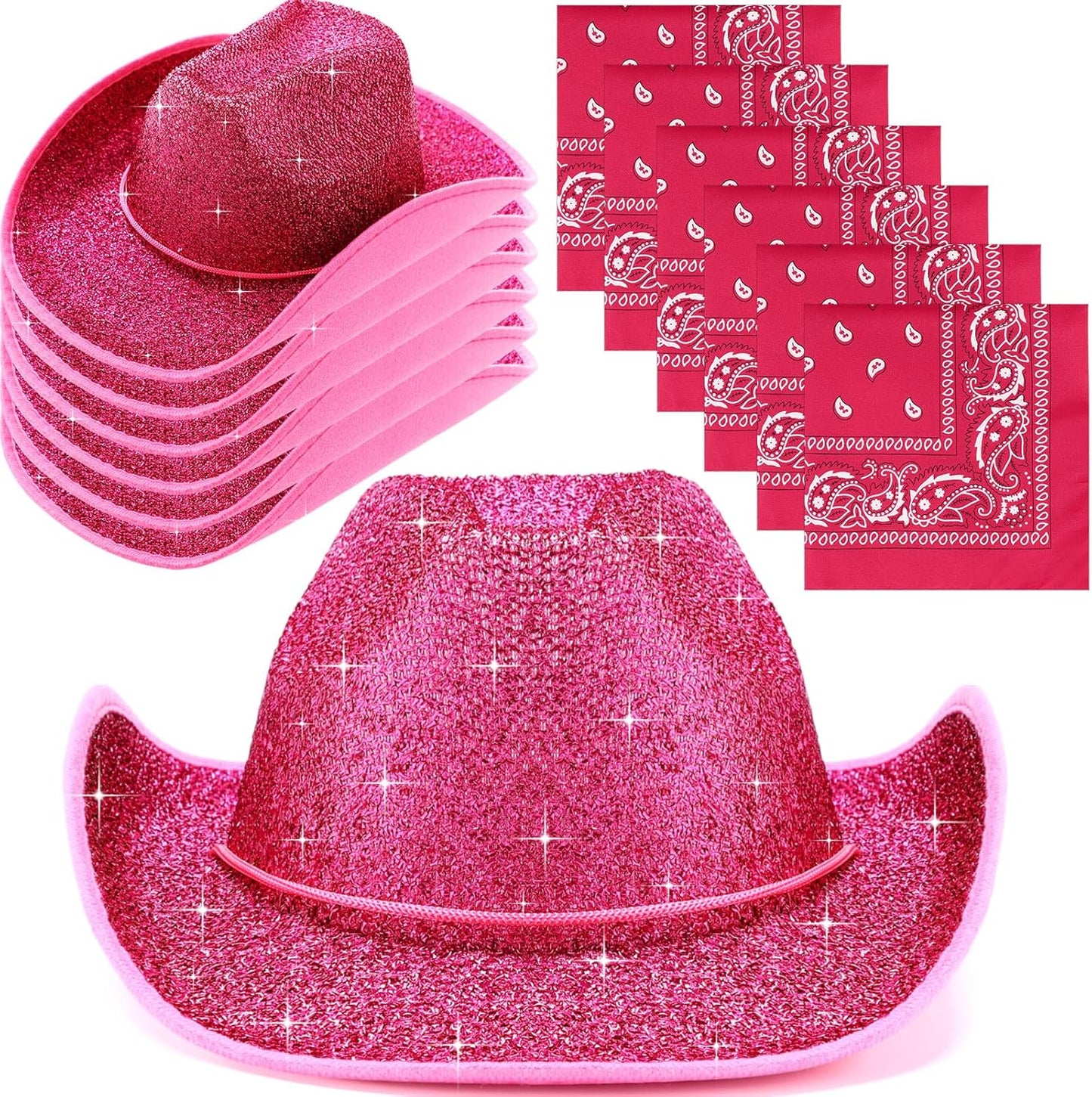 12 Pcs Sparkly Cowboy Hats and Bandanas for Western Parties