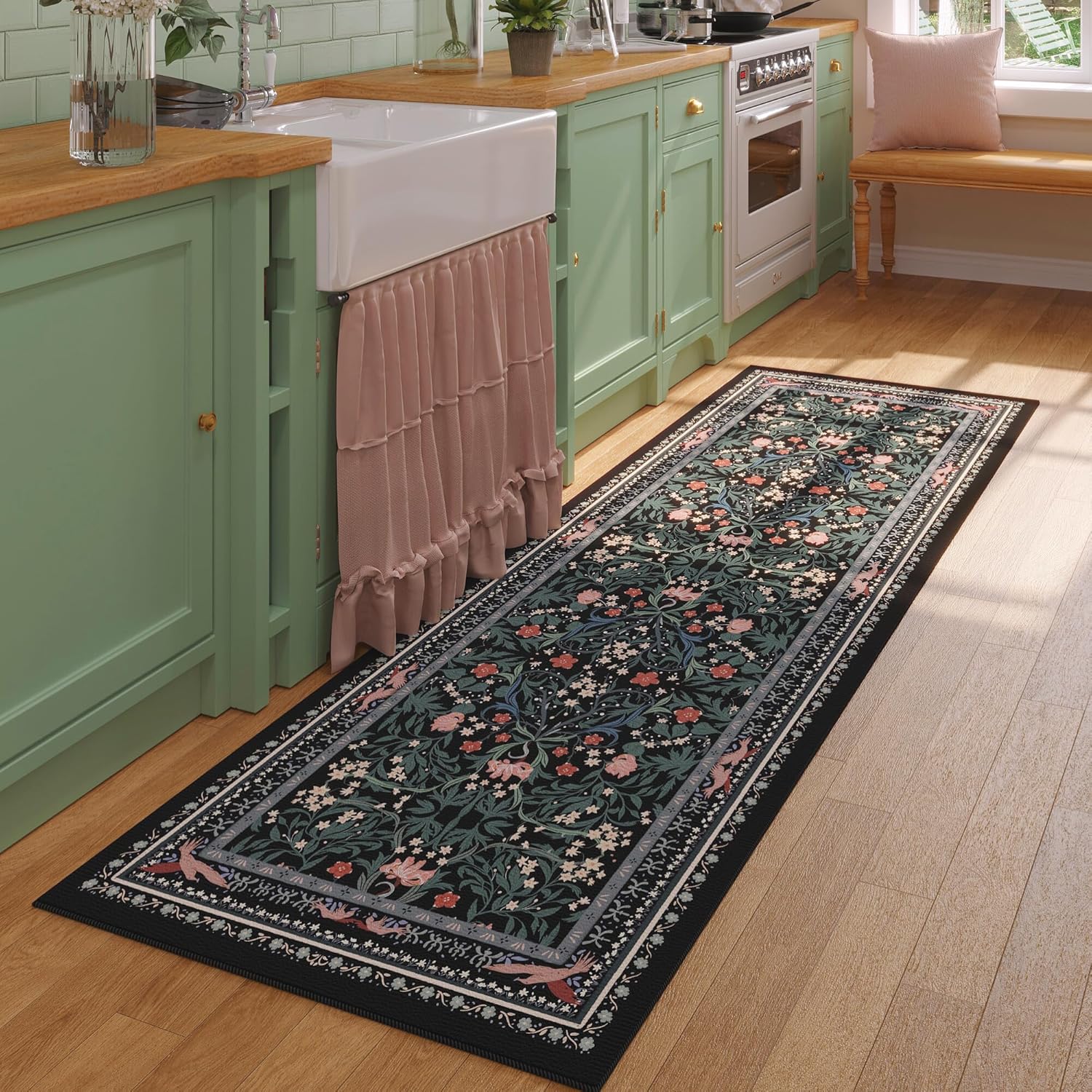 Vintage Floral Botanical Runner Rug for Kitchen and Home Use