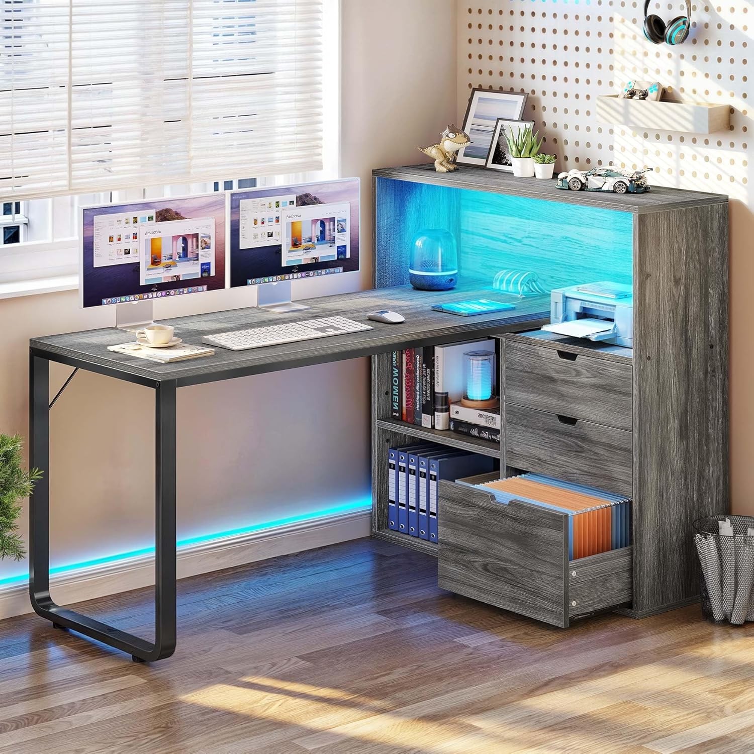 YITAHOME 55 L-Shaped Desk with Power Outlets, LED Lights & More