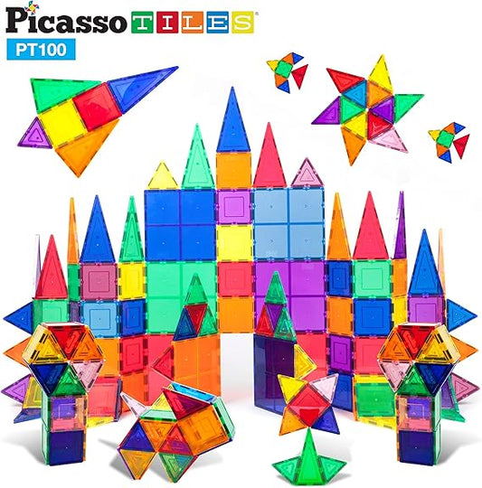 PicassoTiles 100 Piece Set Clear Magnetic Building Tiles for Kids