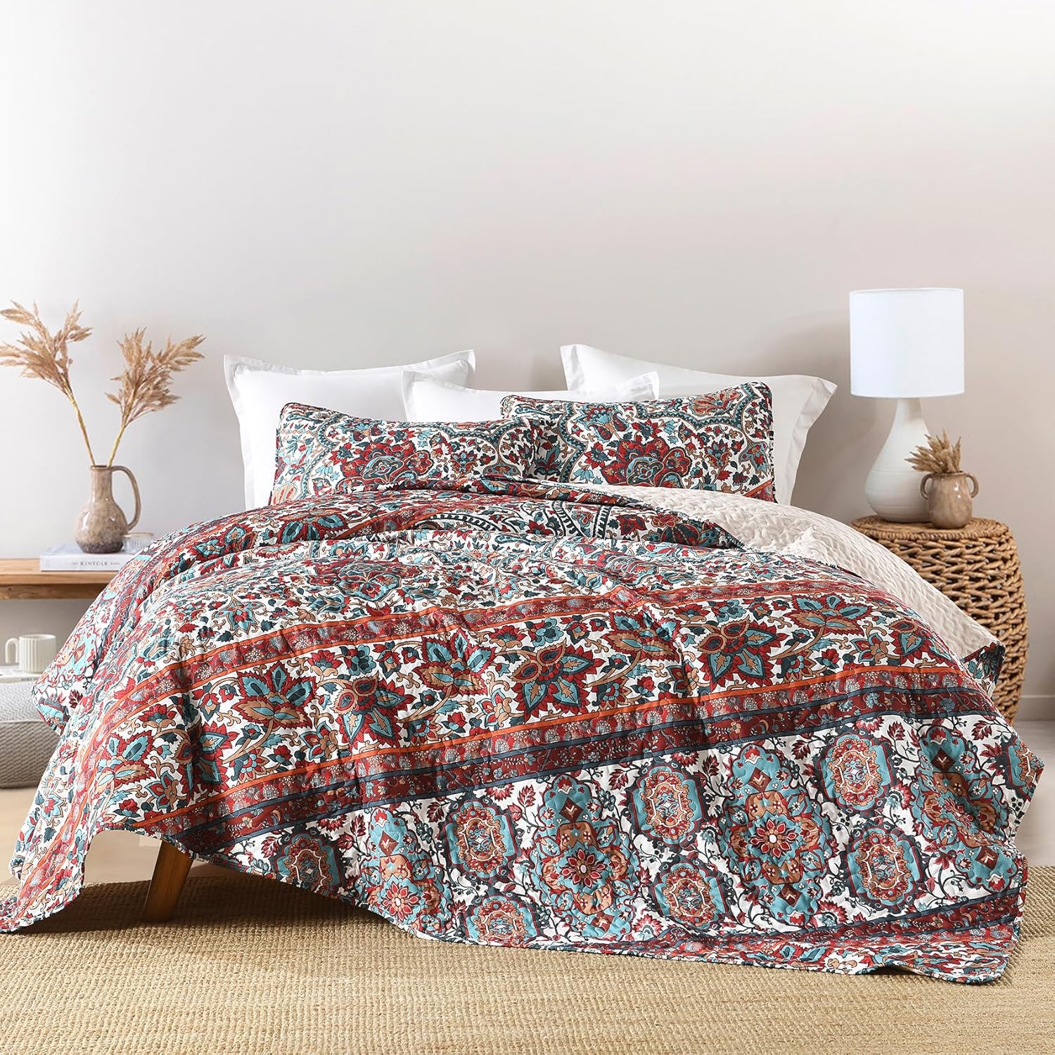 Bohemian Style Reversible Quilt Set for King Size Bedding