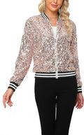 Womens Sequin Open Front Zipper Jacket with Ribbed Cuffs - Sparkle Fit