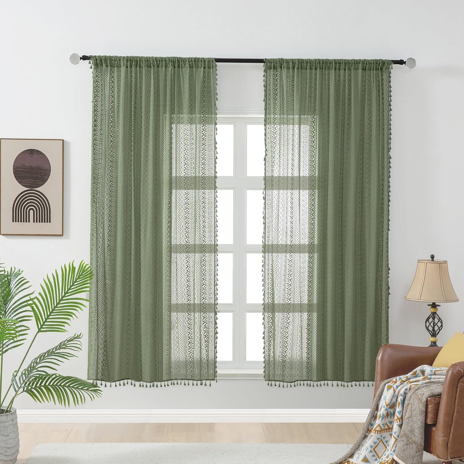 Oliver Green Curtains for Bedroom - Boho Sheer Lace Panels