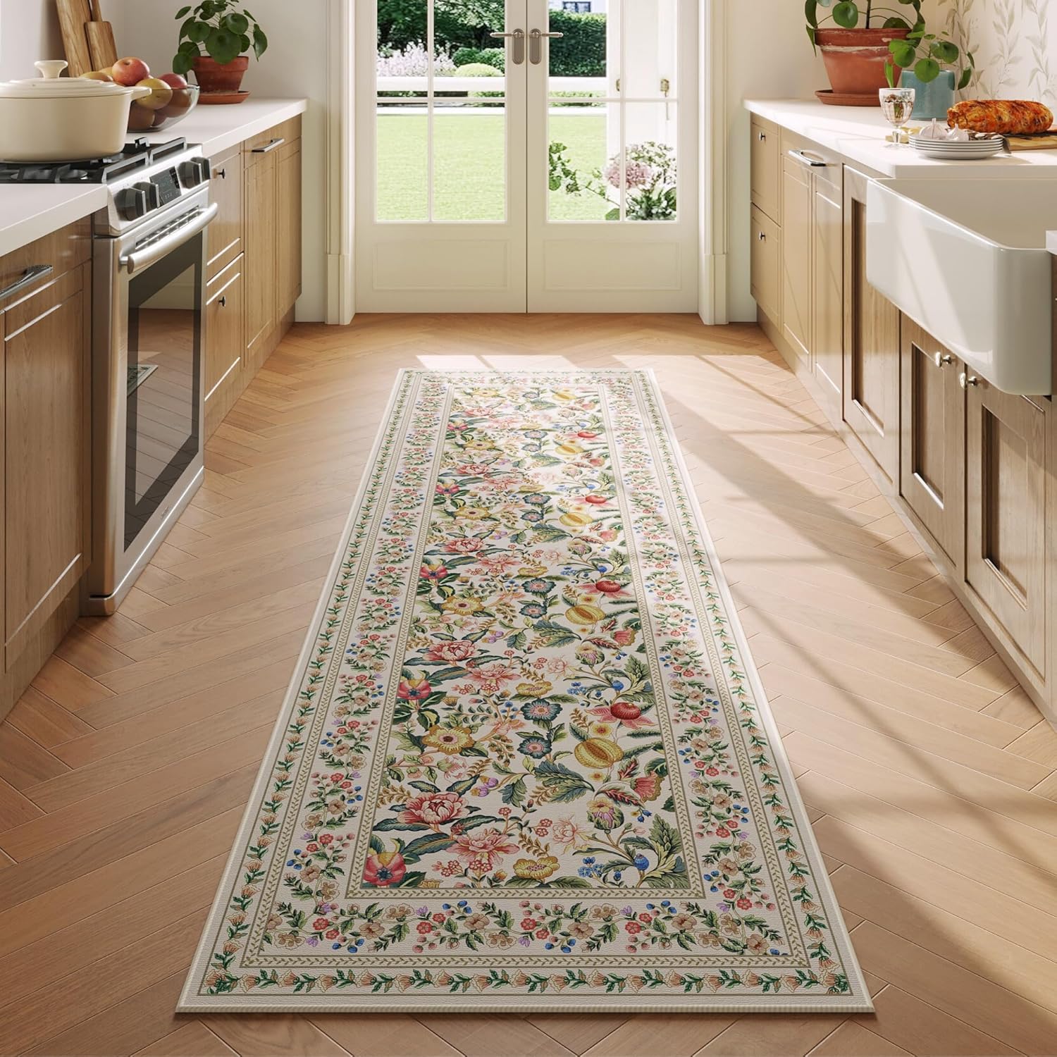 Vintage Floral Runner Rug for Kitchen Non Slip Washable 2ft 6inx8ft