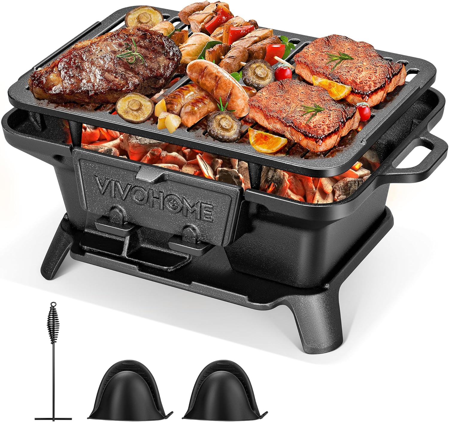 VIVOHOME Rectangle Cast Iron Charcoal Grill for Outdoor BBQ