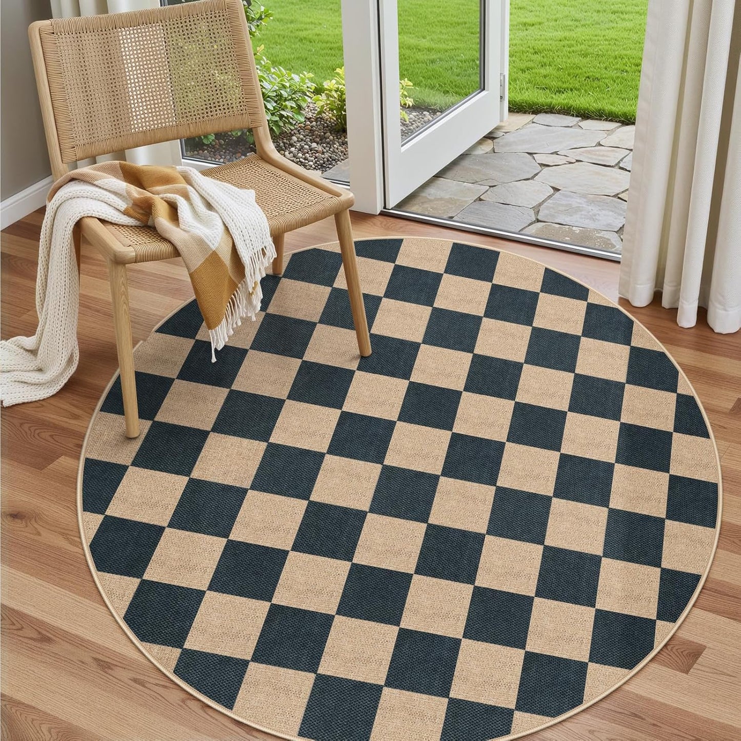 Lahome Checkered Round Rugs 6ft for Indoor and Outdoor Use