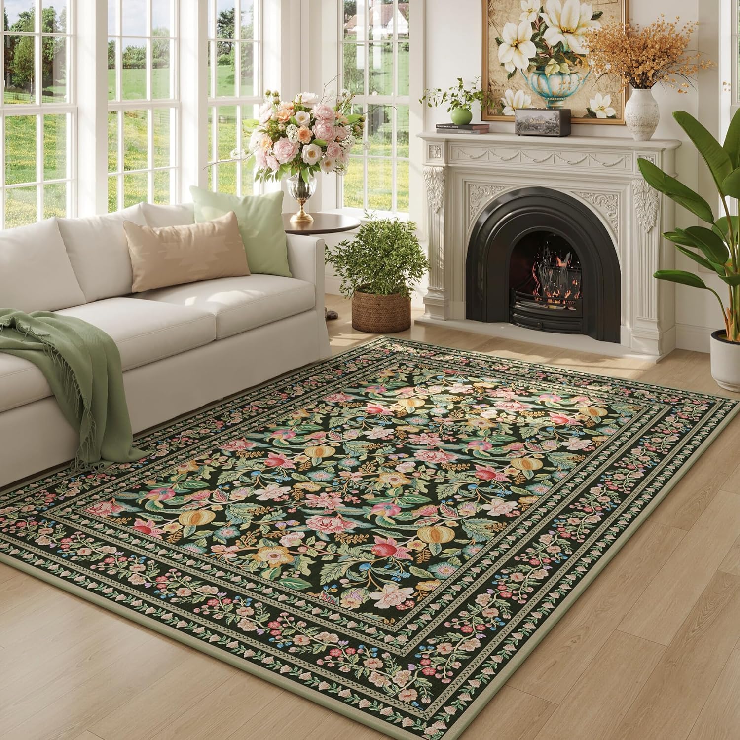 5x7 Washable Rug Vintage Floral Area Rug for Living Spaces