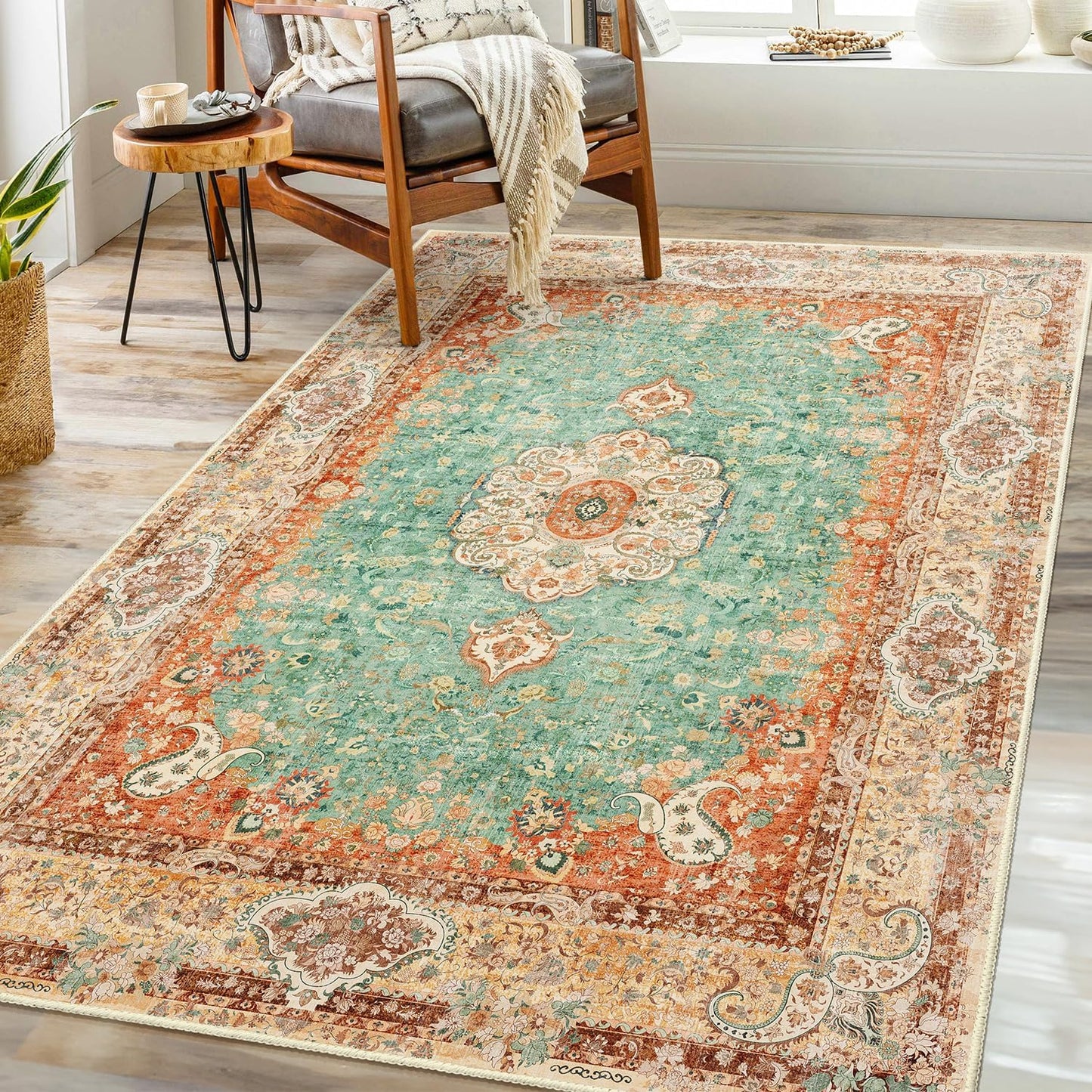 Boho Rug 3x5 - Vintage Floral Washable Area Rug for Home