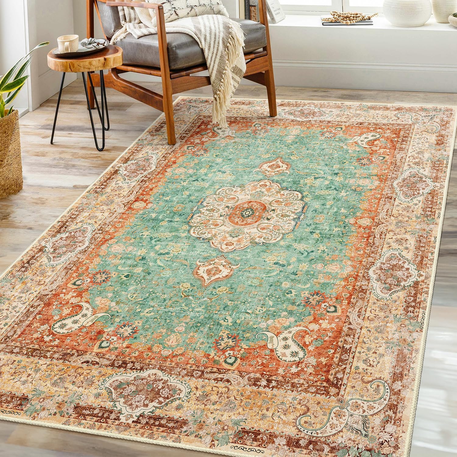 Boho Rug 3x5 - Vintage Floral Washable Area Rug for Home