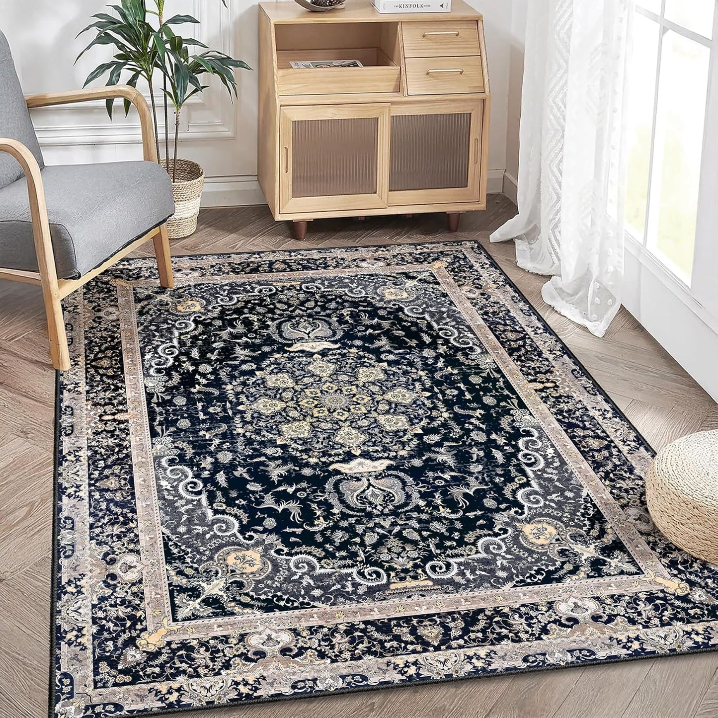 Boho Washable 3x5 Rug: Distressed Vintage Retro, Non-Slip - Black