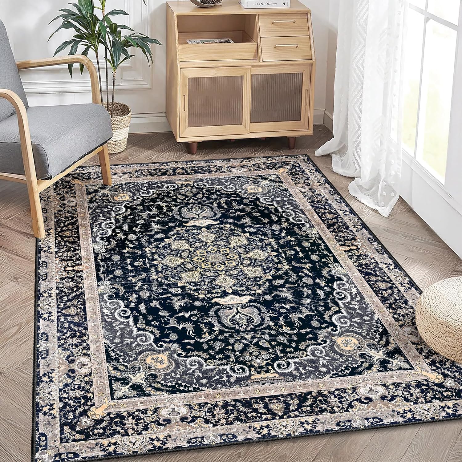 Boho Washable 3x5 Rug: Distressed Vintage Retro, Non-Slip - Black