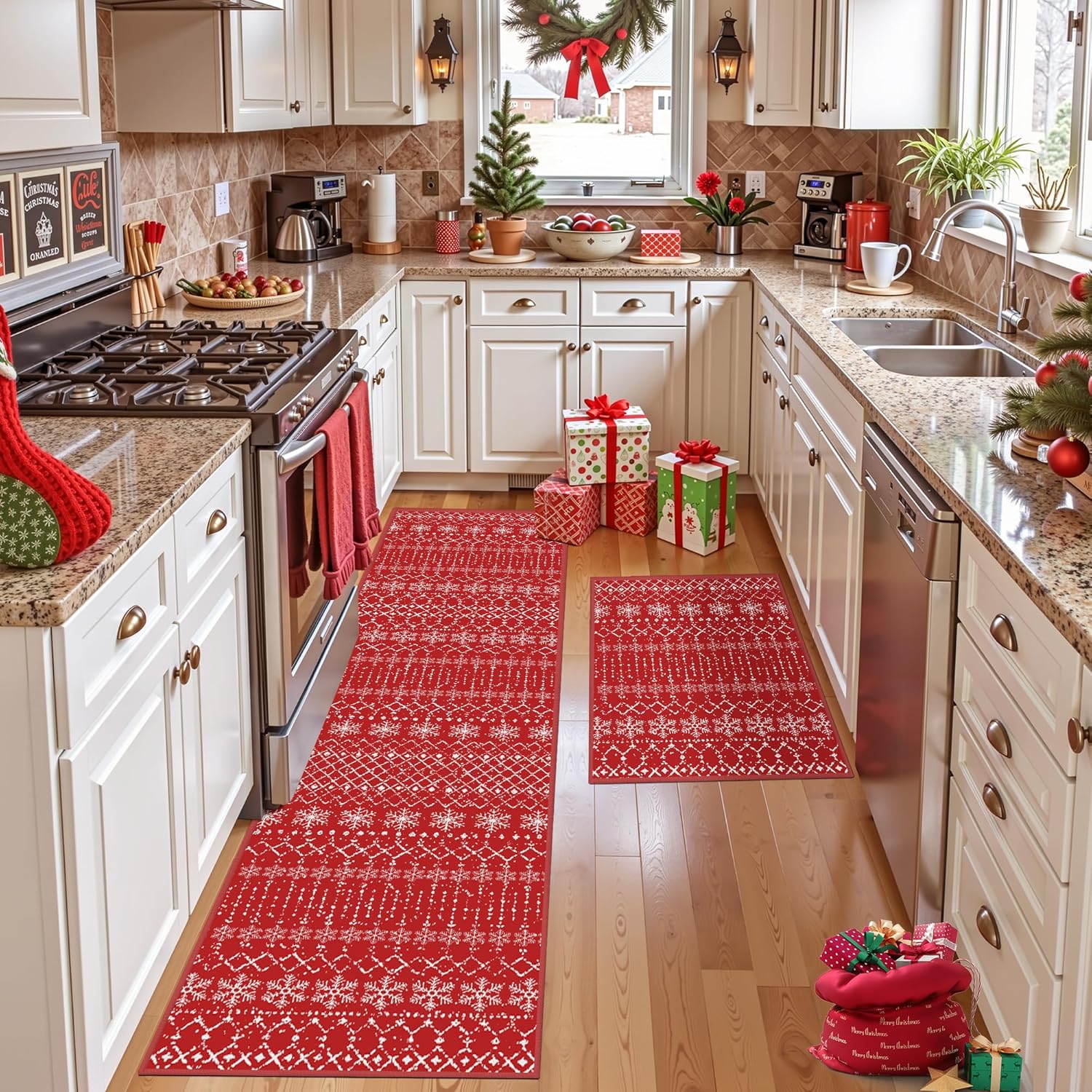 Christmas Small Area Rug Set 2x3 2x8 Red Festival Entryway