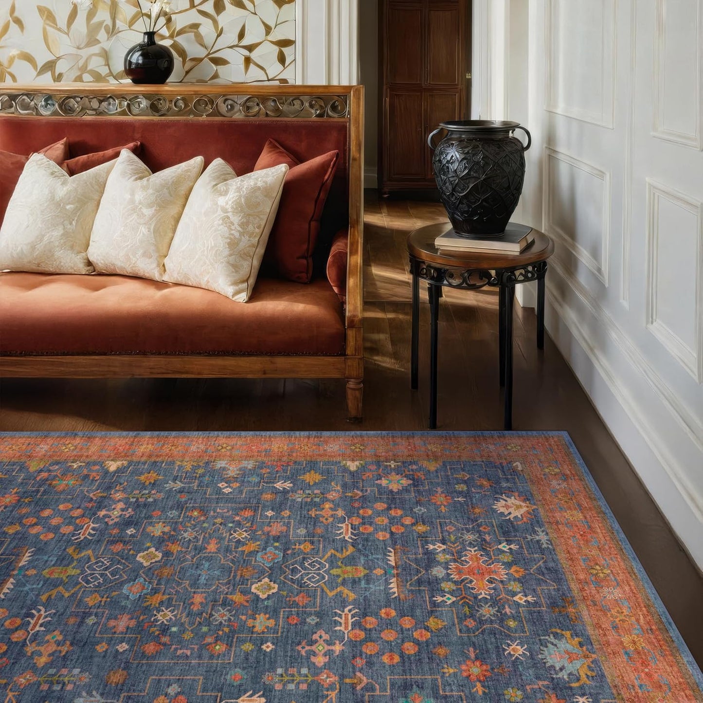 Dark Blue & Terracotta 5x8 Living Room Rug - Stylish & Durable