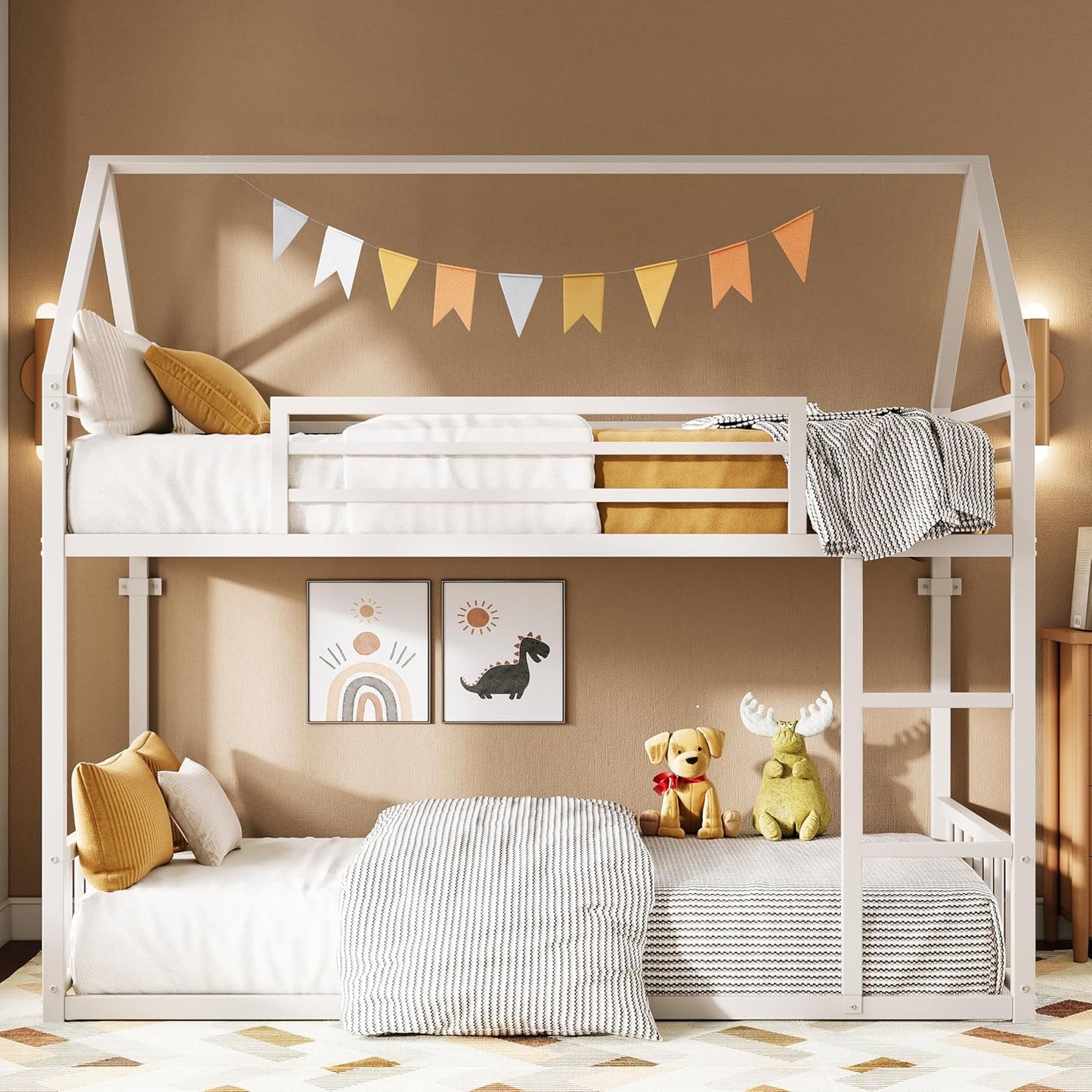 LIKIMIO Twin Over Twin Bunk Bed Frame with House Design