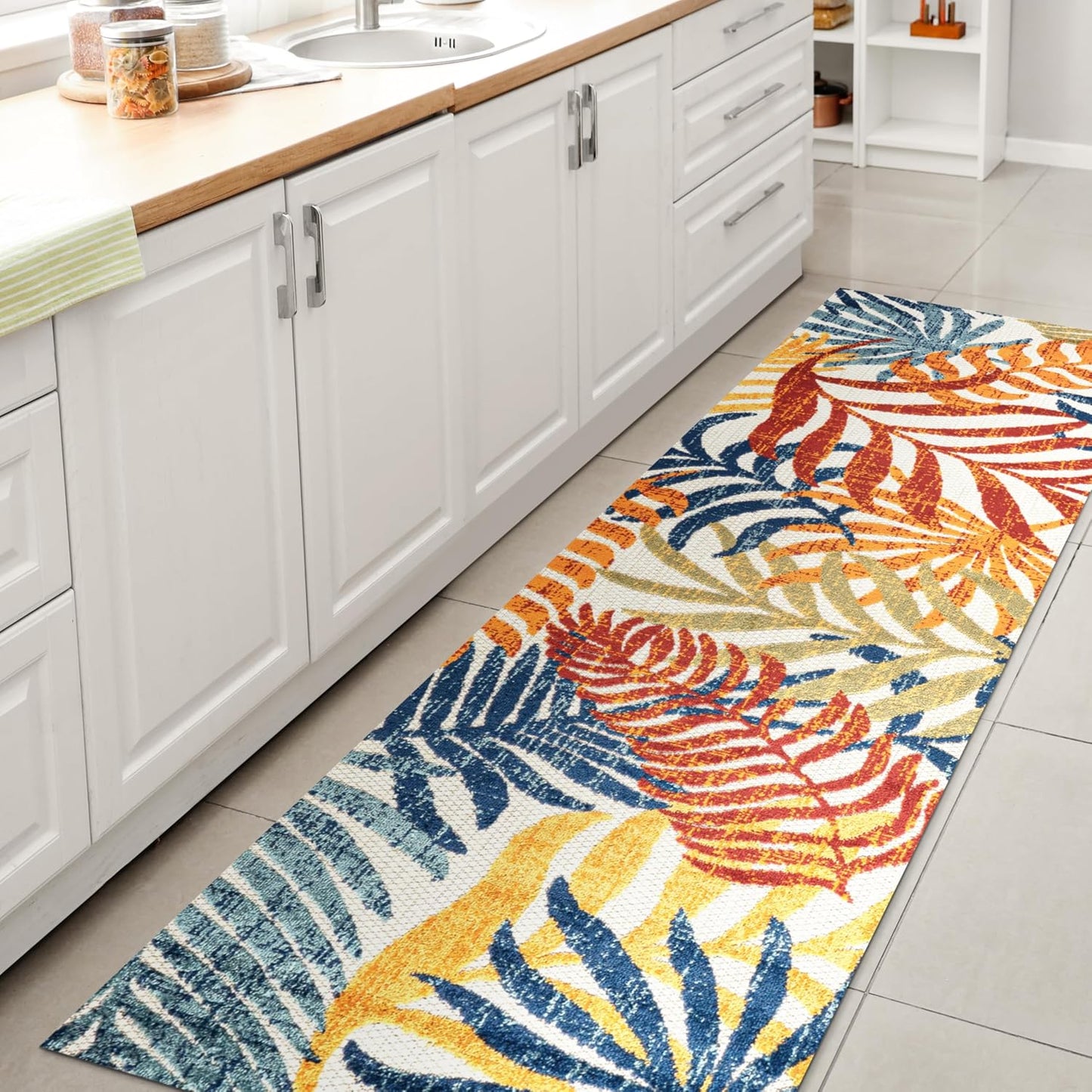 Tropics Palm Leaves Indoor Outdoor Runner Rug for High Traffic