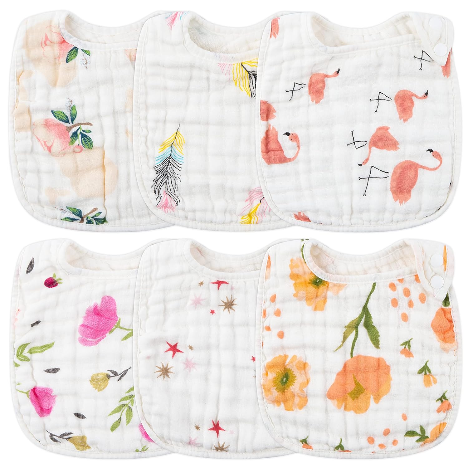 6pc Snap Muslin Cotton Bibs for Baby - Absorbent & Adjustable