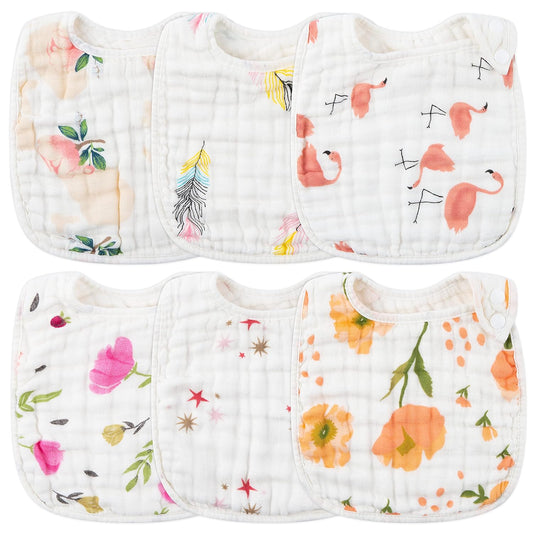 6pc Snap Muslin Cotton Bibs for Baby - Absorbent & Adjustable