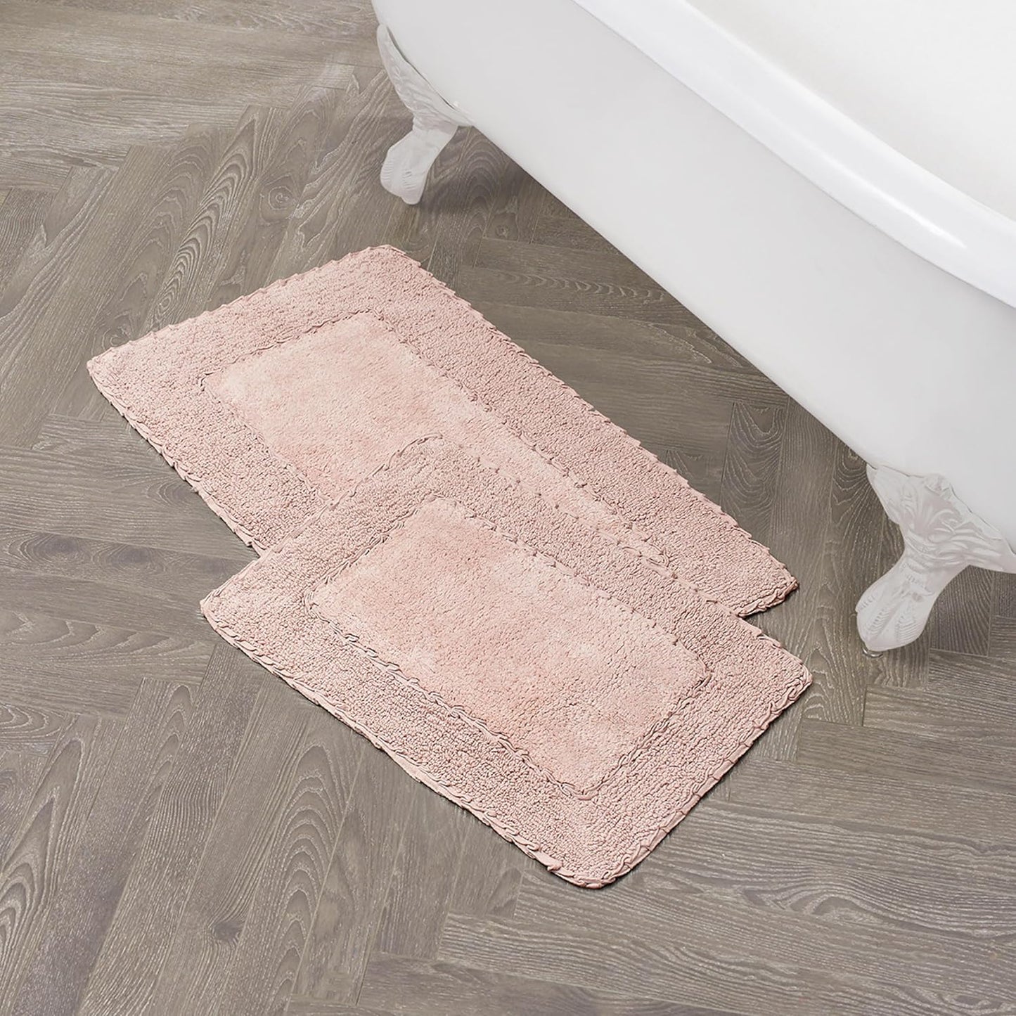 Laura Ashley Ruffle Border Cotton Bath Rug Set in Blush Pink