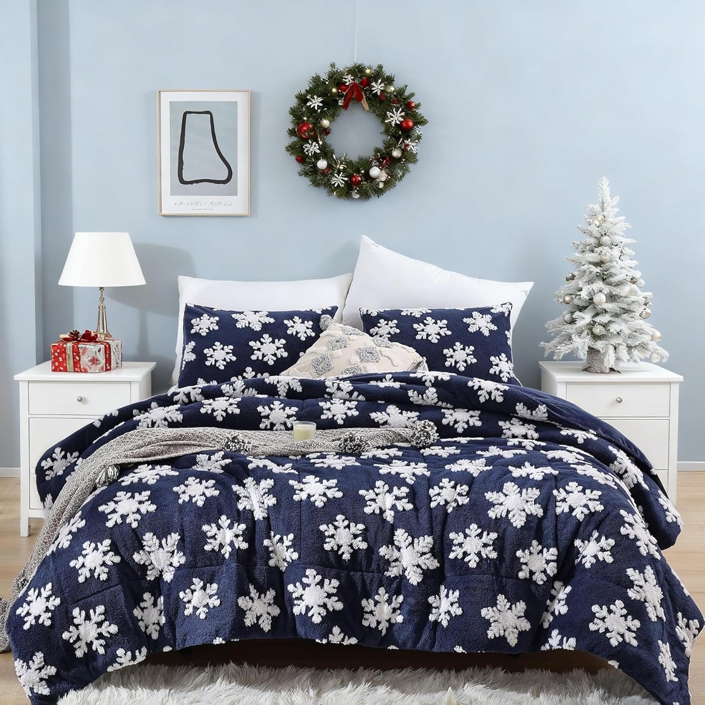 Navy Blue Christmas Bedding Queen Comforter Set with Snowflakes