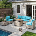7-Piece Outdoor Patio Furniture Set with Fire Pit Table - Turquoise