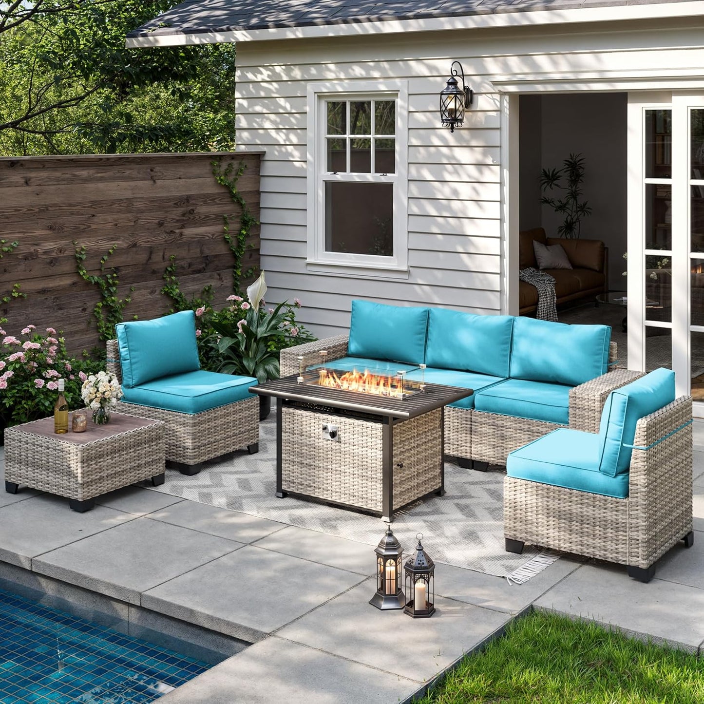 7-Piece Outdoor Patio Furniture Set with Fire Pit Table
