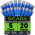 Cat 6 Ethernet Cable Pack 20-Pack 5 ft Patch Cables - Reliable 10 Gbps