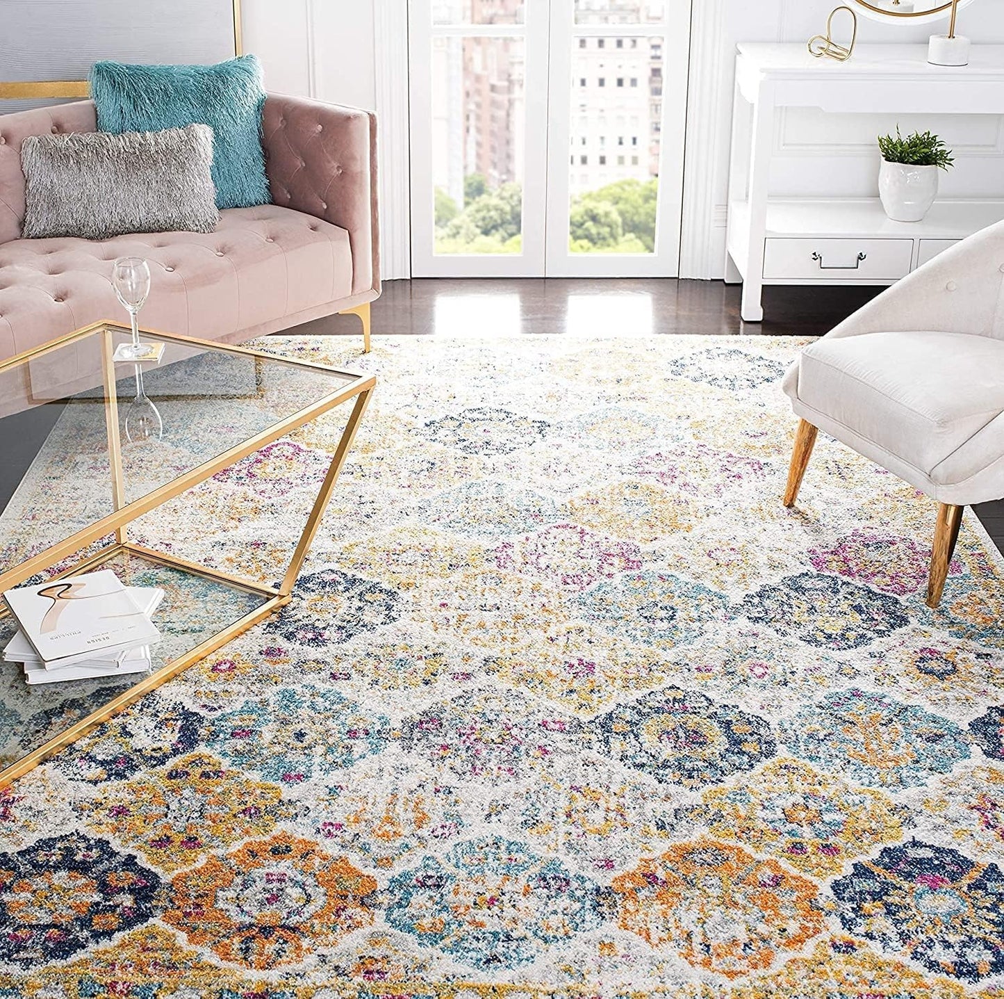 SAFAVIEH Madison Collection Area Rug - 6ft 7in Square, Cream & Multi