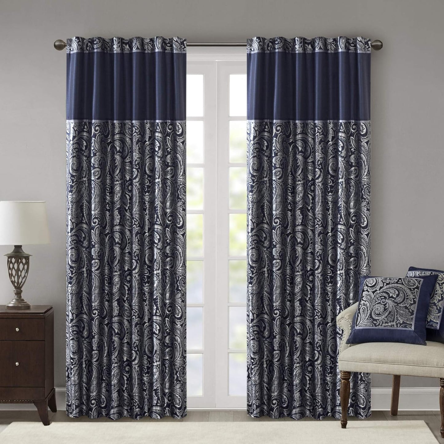 Navy Room-Darkening Curtain Set, Elegant Paisley Design