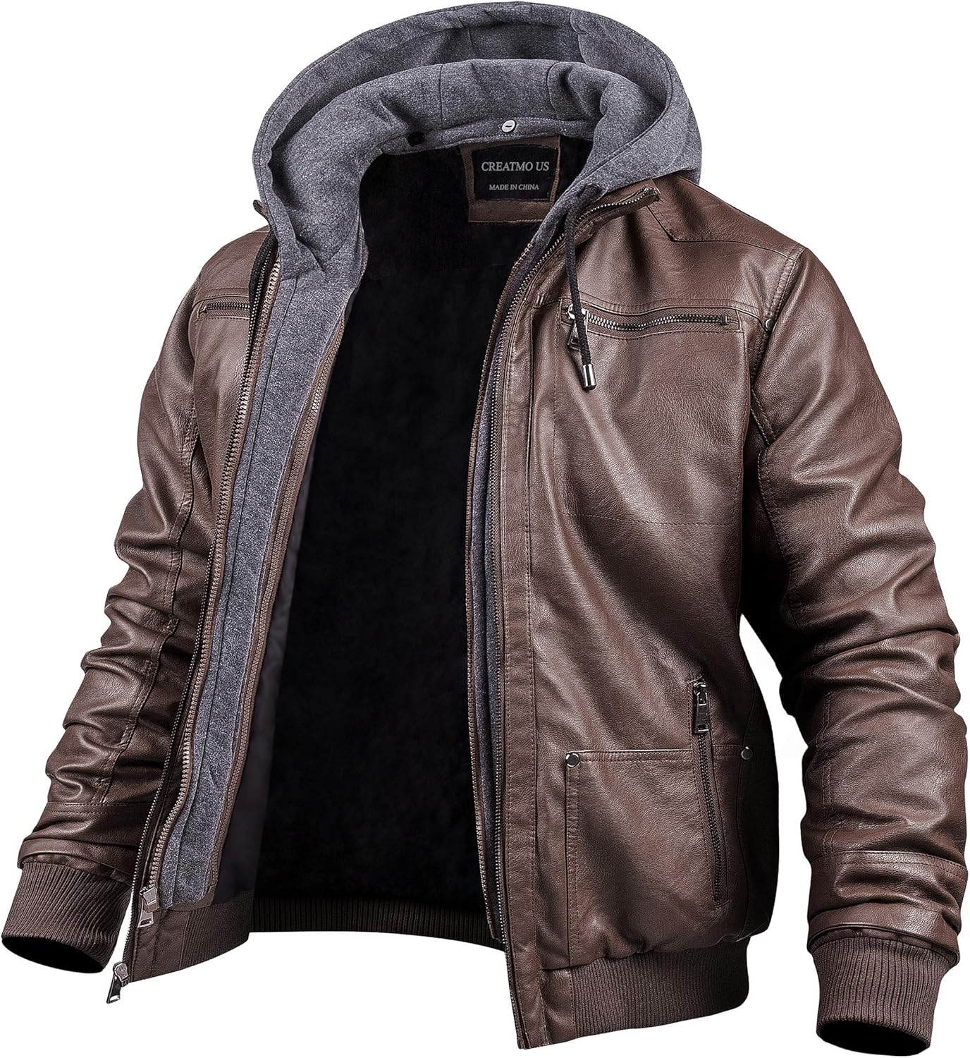 Men's Faux Leather Motorcycle Jacket with Removable Hood