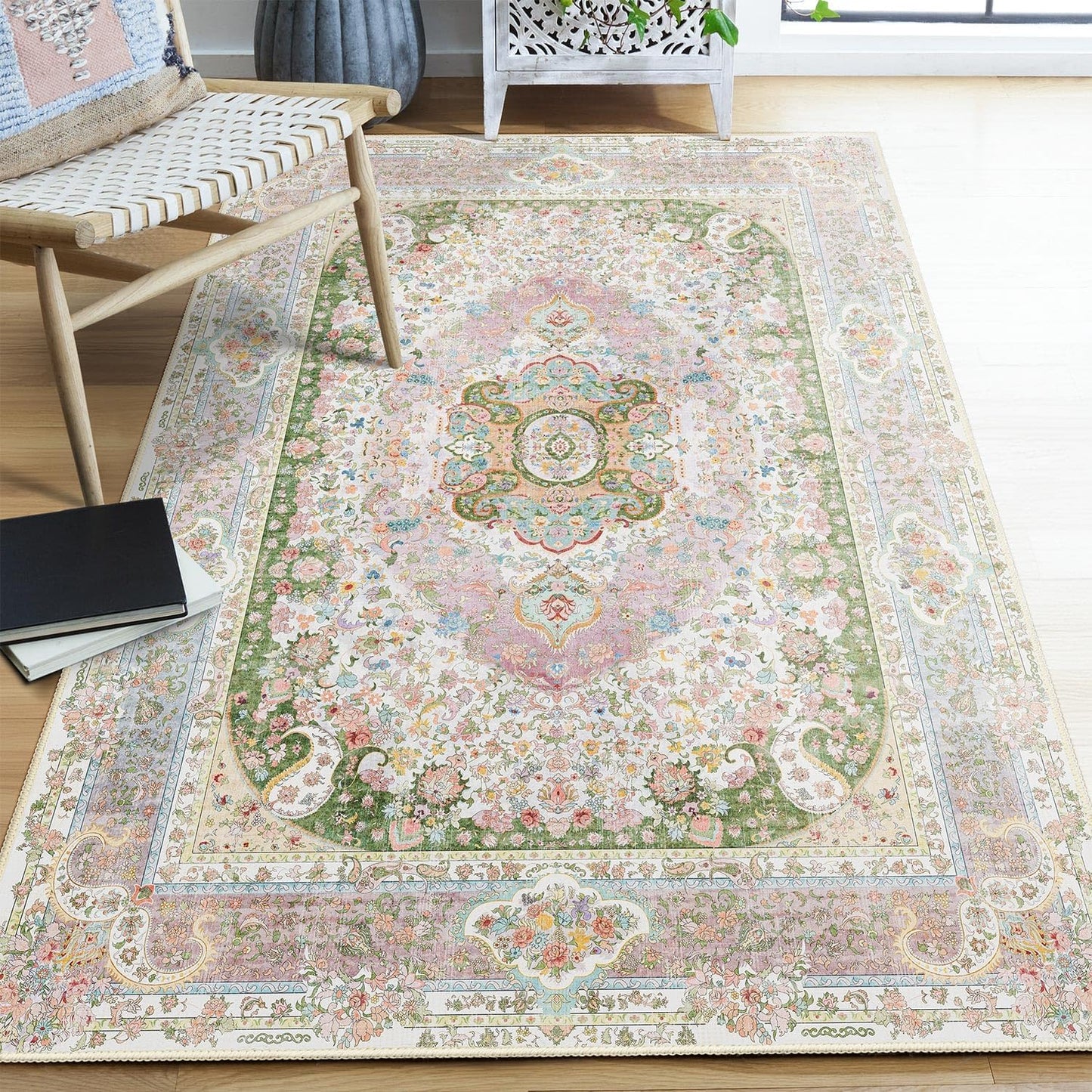 Pink Rug 4ftx6.5ft - Washable Boho Vintage Area Rug for Home