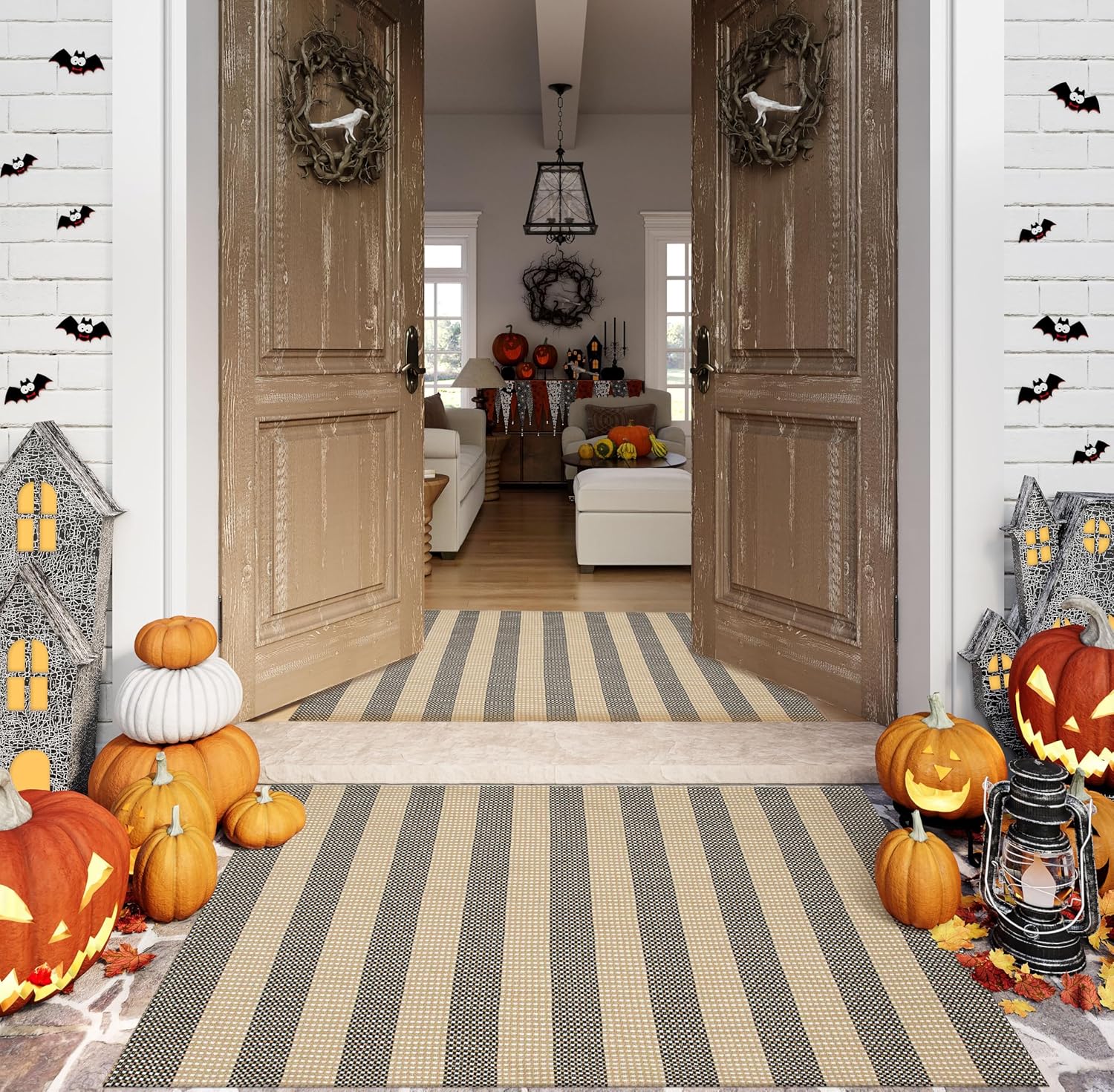 OJIA Tan Washable Outdoor Rug 3ftx5ft for Fall Entryway Decor