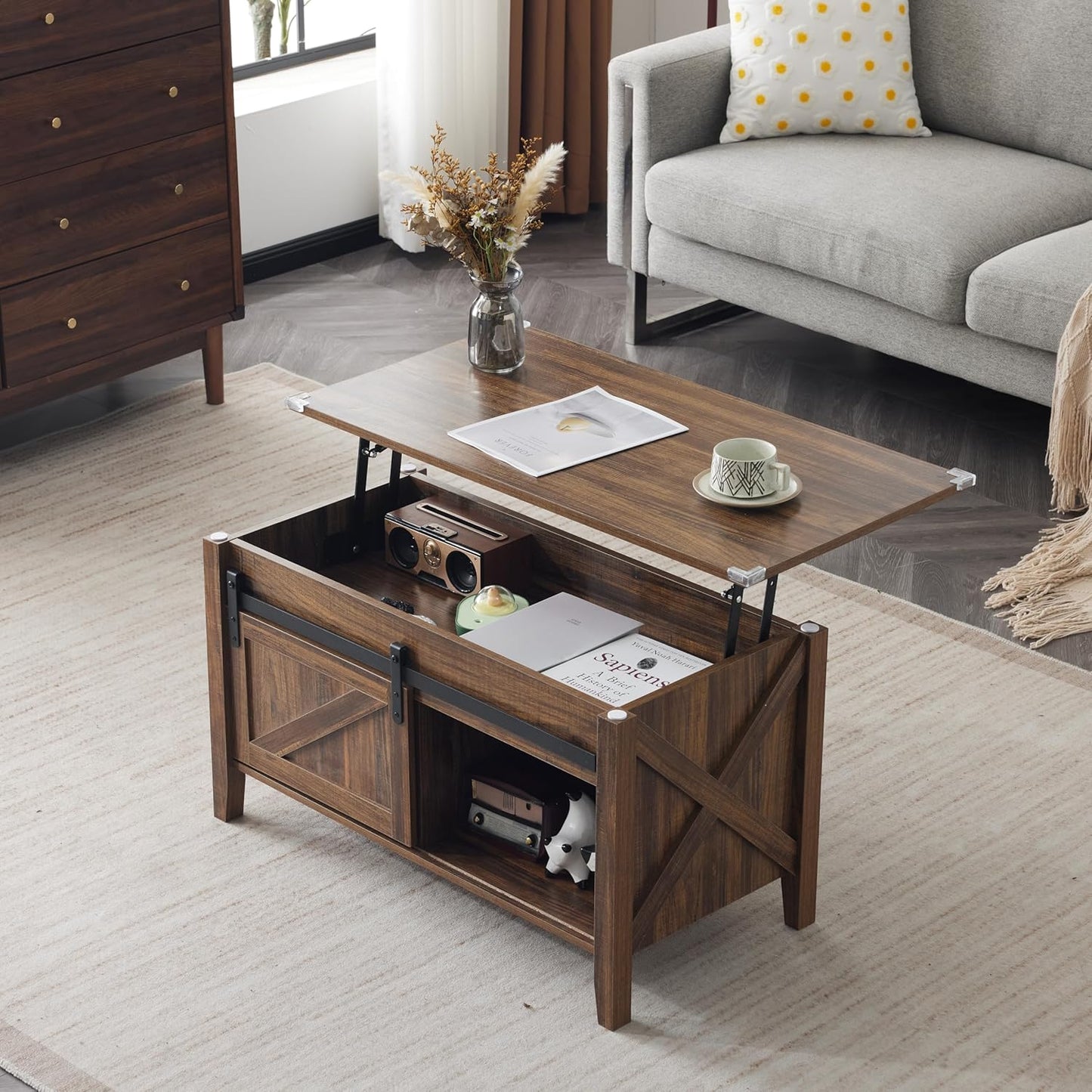 VINGLI Farmhouse Lift Top Coffee Table with Storage Shelf