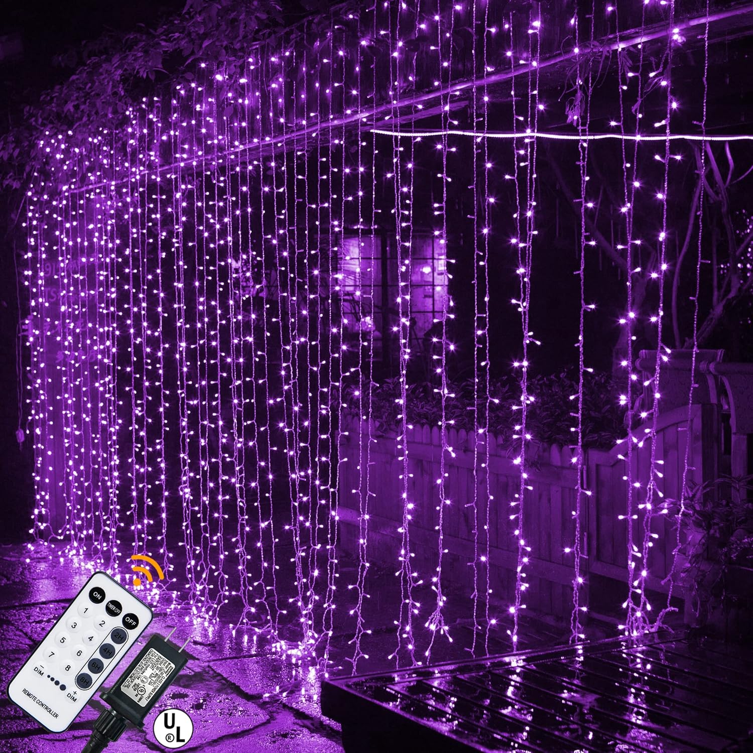 304 LED Curtain String Lights, 8 Modes, Remote Control, Purple