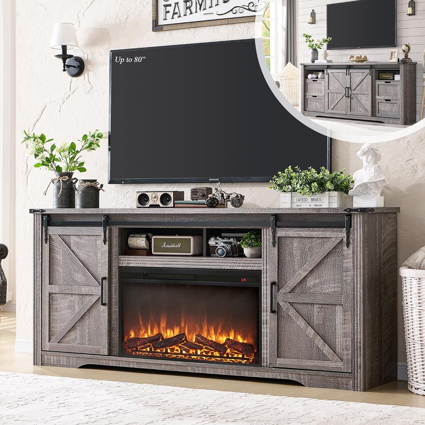 Farmhouse TV Stand: 80 for Big Screens, Drawer & Barn Door, Grey Wash