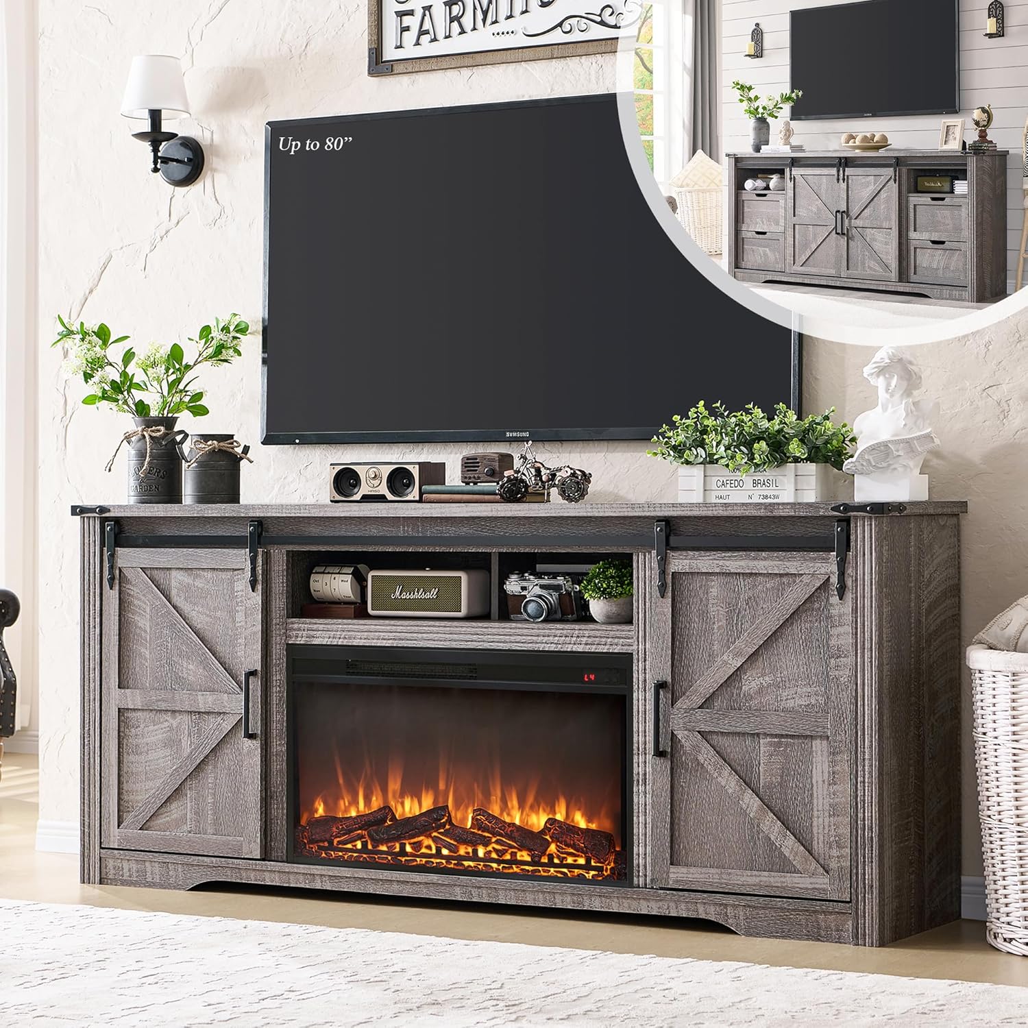 Farmhouse TV Stand: 80 for Big Screens, Drawer & Barn Door, Grey Wash