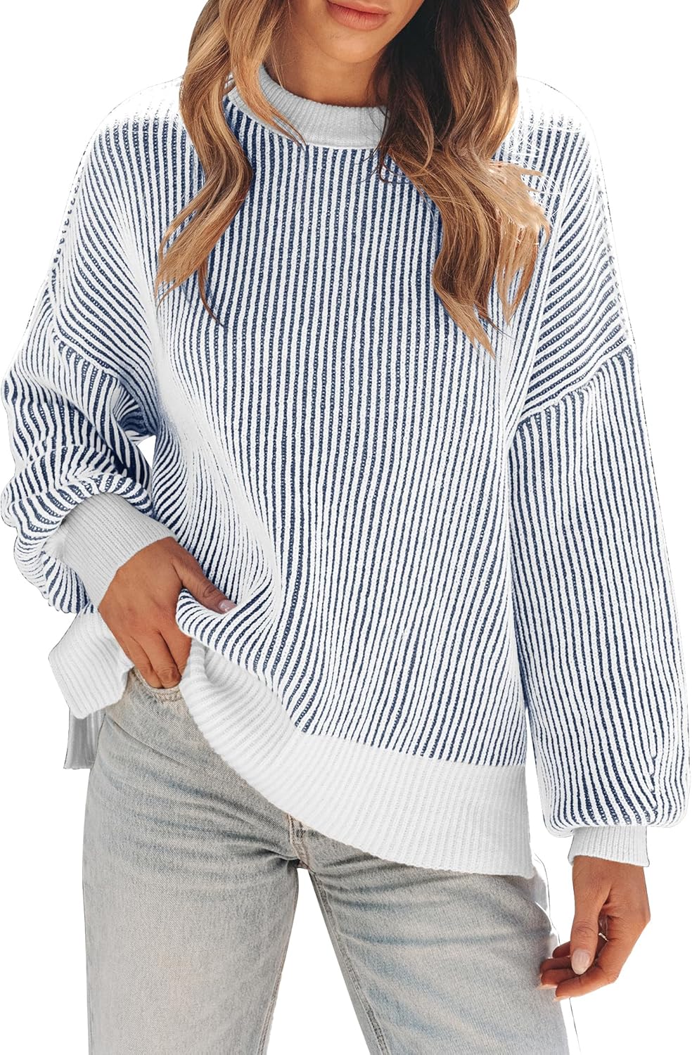 Womens Oversized Colorblock Striped Knit Pullover Sweater