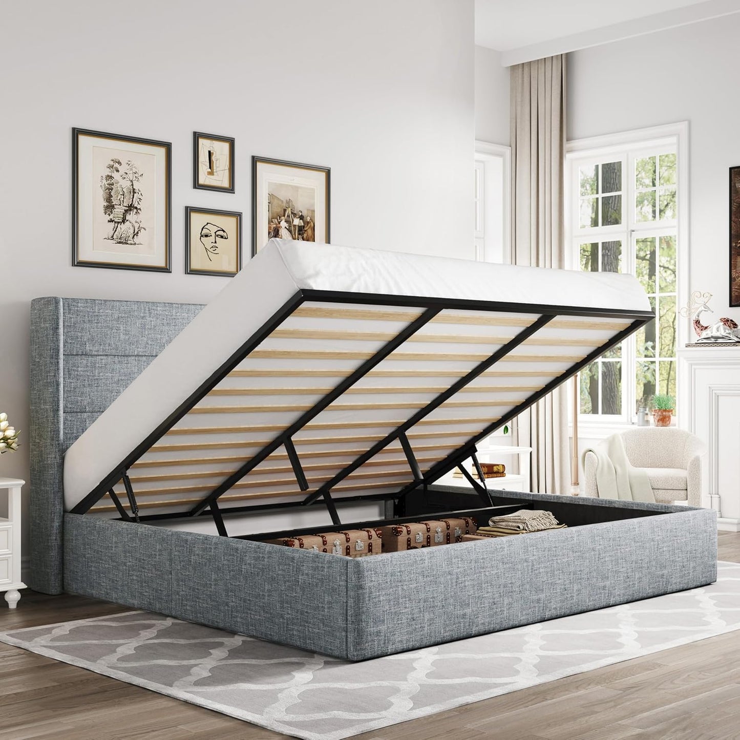 Allewie King Size Lift Up Storage Bed with Elegant Headboard