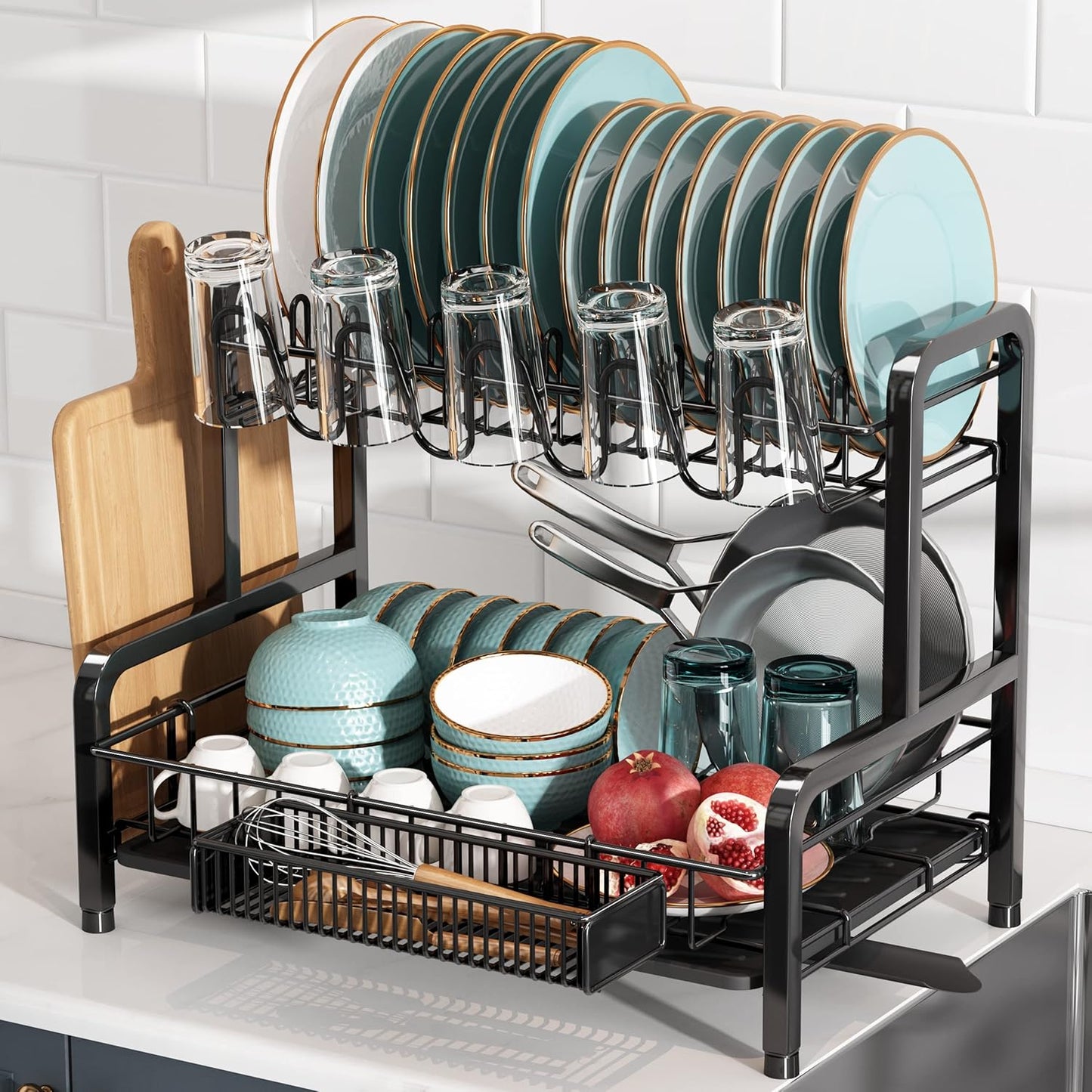 2 Tier Dish Drainers Drying Rack for Kitchen Counter Space Saving