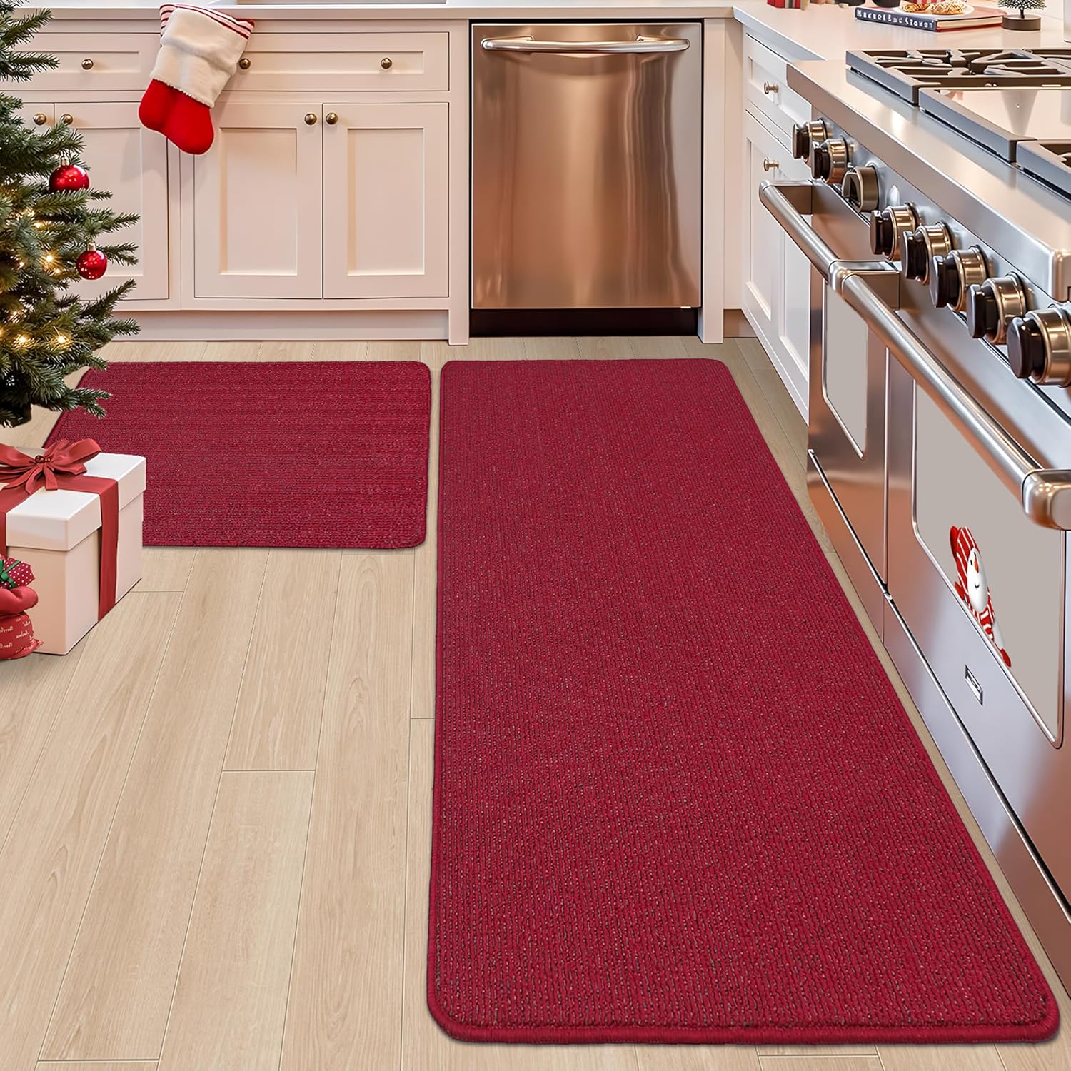 COSY HOMEER Kitchen Rug Mats 24x35 Inch & 24x60 Inch Red