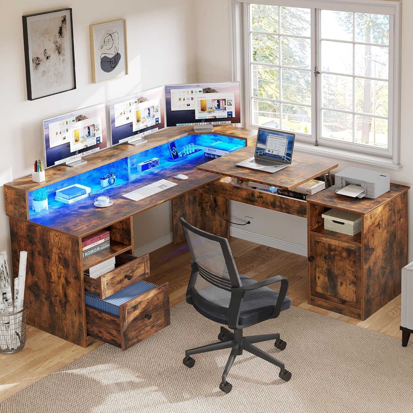 YITAHOME L-Shaped Desk: Power Outlets, LED Lights, Storage